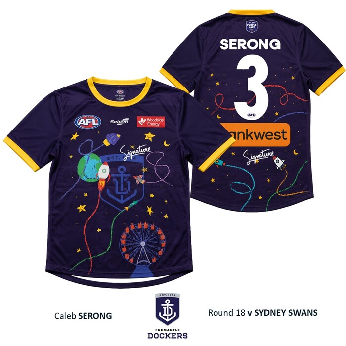 Photo of Caleb Serong #3 Fremantle 2026 Starlight Foundation Warm Up Tee