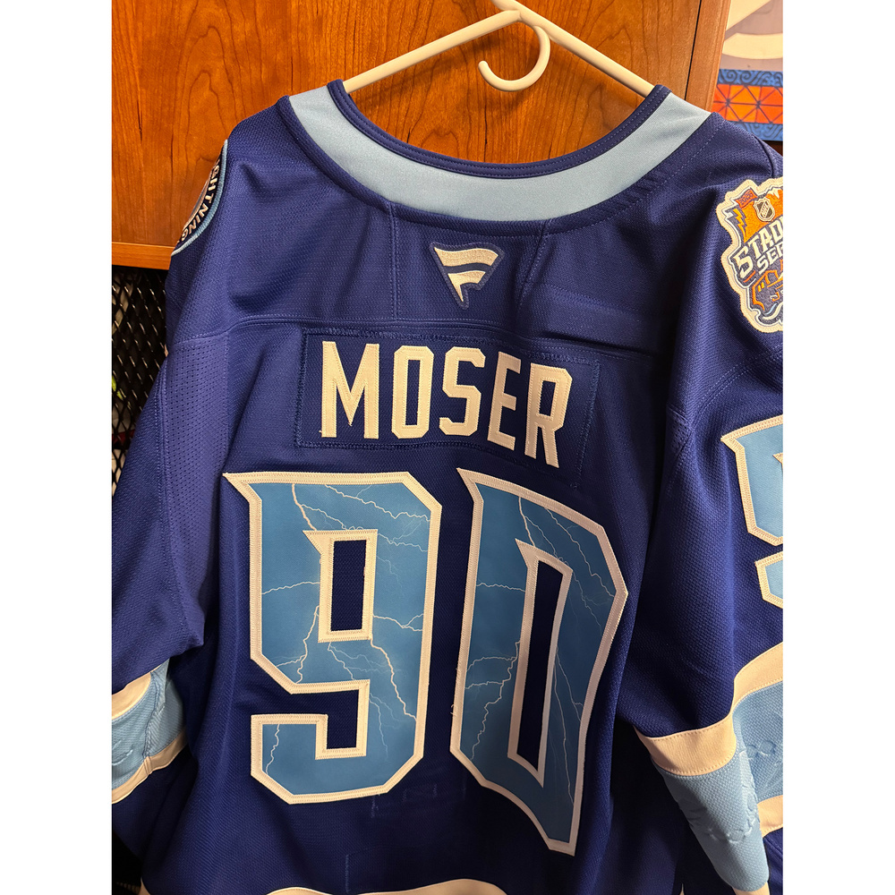 J.J. Moser Tampa Bay Lightning #90 2026 NHL Stadium Series Game-Used Blue Jersey - Worn During the 1st Period on February 1, 2026 - Size 56