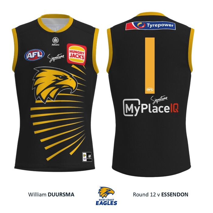 Photo of Willem Duursma #1 West Coast Eagles 2026 WA Day Match-Worn Guernsey & Shorts