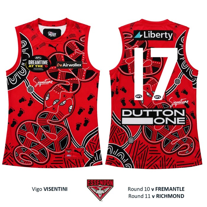 Photo of Vigo Visentini #17 Essendon 2026 Dreamtime Guernsey 