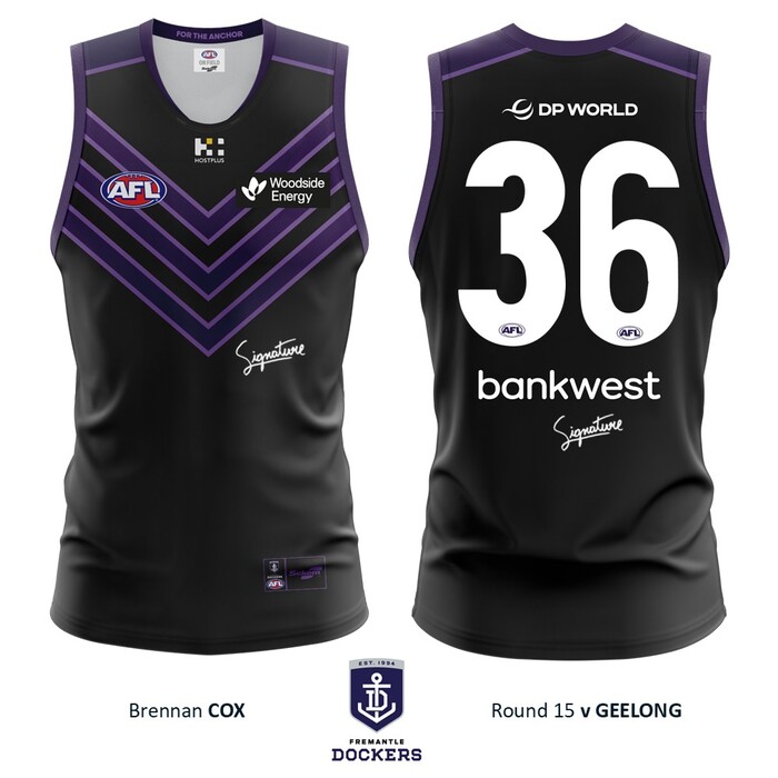 Photo of Brennan Cox #36 Fremantle 2026 Stealth Match-Worn Guernsey