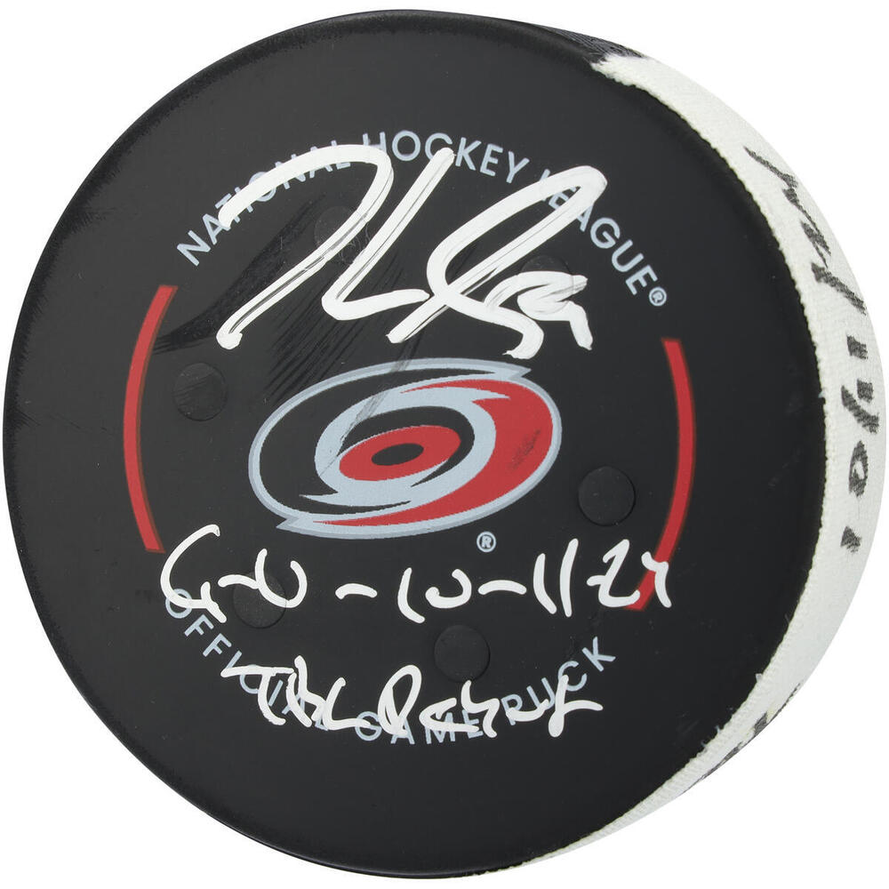 Jake Guentzel Tampa Bay Lightning Autographed Game-Used Puck vs. Carolina Hurricanes on October 11, 2024 with Multiple Inscriptions