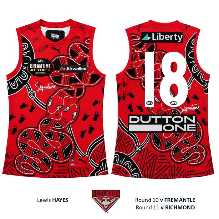 Photo of Lewis Hayes #18 Essendon 2026 Dreamtime Guernsey 