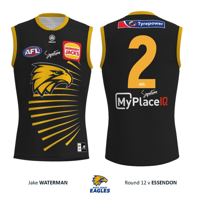 Photo of Jake Waterman #2 West Coast Eagles 2026 WA Day Match-Worn Guernsey & Shorts