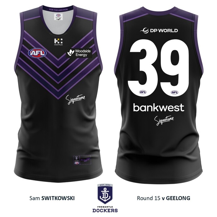 Photo of Sam Switkowski #39 Fremantle 2026 Stealth Match-Worn Guernsey