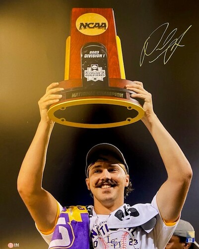 PRESALE: Paul Skenes Autographed LSU Holding Trophy 16x20 Photo | MLB