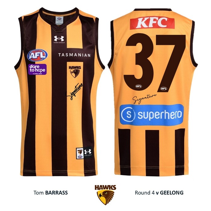 Photo of Tom Barrass #37 Hawthorn 2026 Dare to Hope Match-Worn Guernsey