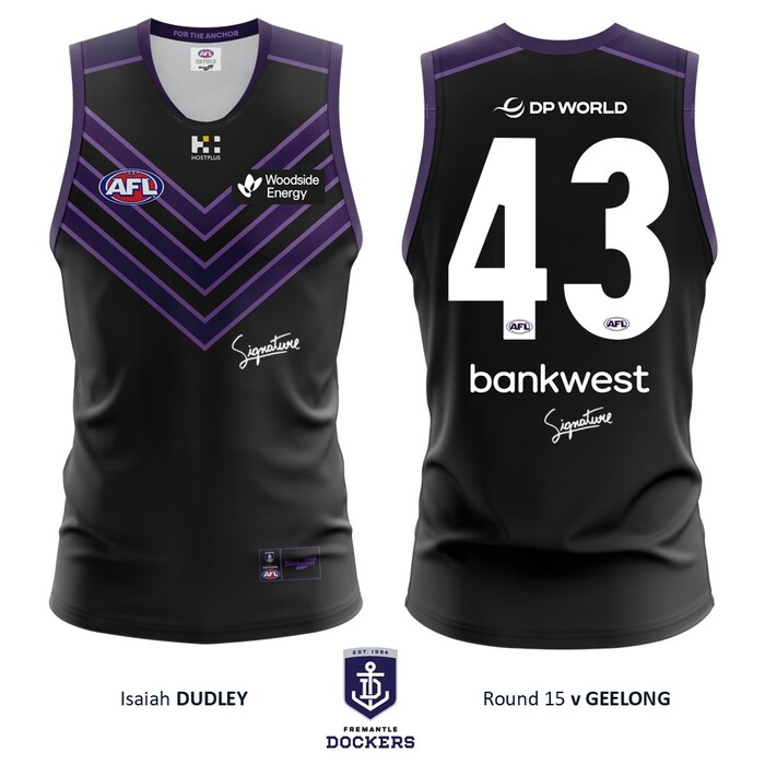 Photo of Isaiah Dudley #43 Fremantle 2026 Stealth Match-Worn Guernsey