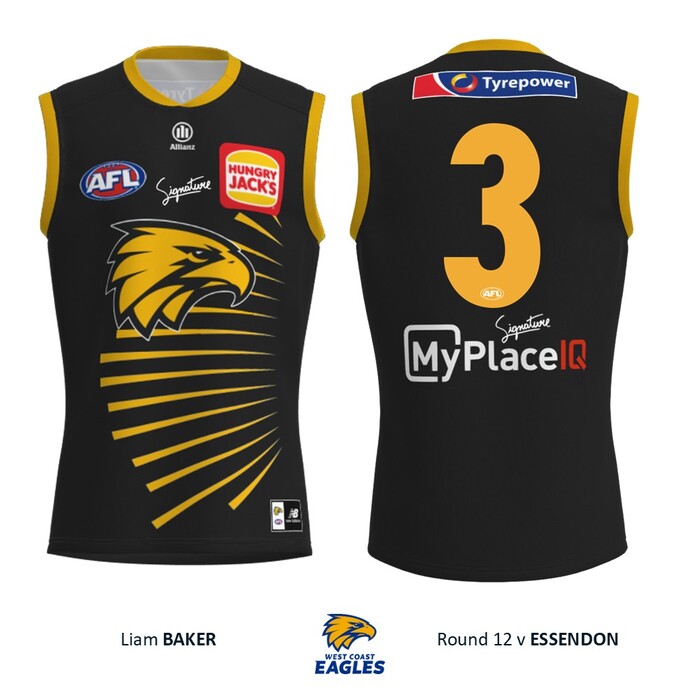 Photo of Liam Baker #3 West Coast Eagles 2026 WA Day Match-Worn Guernsey & Shorts