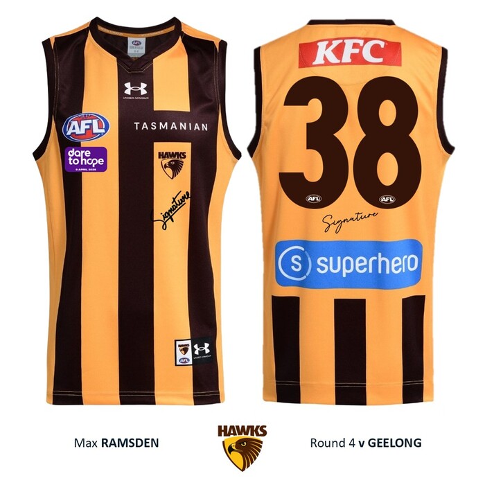 Photo of Max Ramsden #38 Hawthorn 2026 Dare to Hope Player-Issue Guernsey