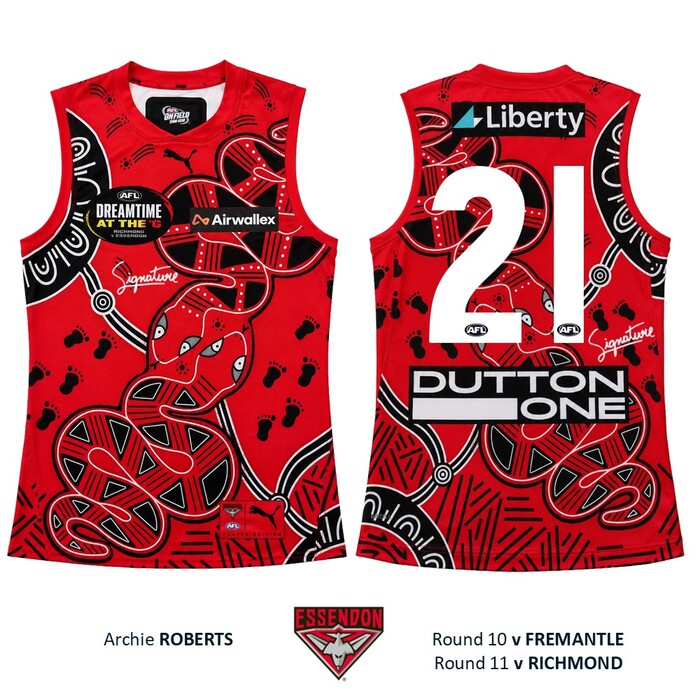 Photo of Archie Roberts #21 Essendon 2026 Dreamtime Guernsey 