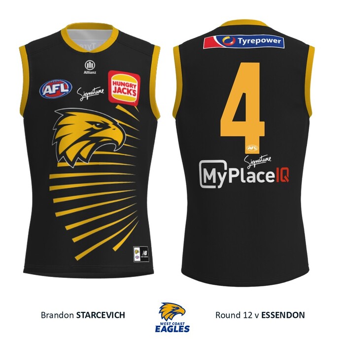 Photo of Brandon Starcevich #4 West Coast Eagles 2026 WA Day Player-Issue Guernsey & Shorts