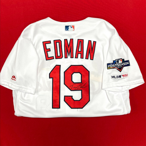 Tommy Edman Autographed Game-Used Home Jersey w/ 2019 Postseason Patch (Size 42) (6/23/19, STL v LAA) (9/4/19, STL v SF) (10/11/19, STL v WSH)