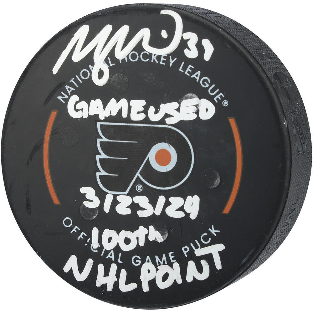 Morgan Geekie Boston Bruins Autographed Game-Used Puck vs. Philadelphia Flyers on March 23, 2024 with Multiple Inscriptions