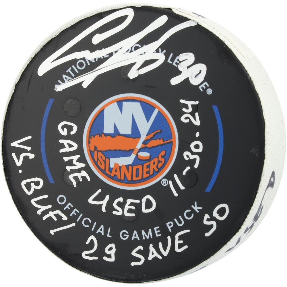 Ilya Sorokin New York Islanders Autographed Game-Used Puck vs. Buffalo Sabres on November 30, 2024 with Multiple Inscriptions
