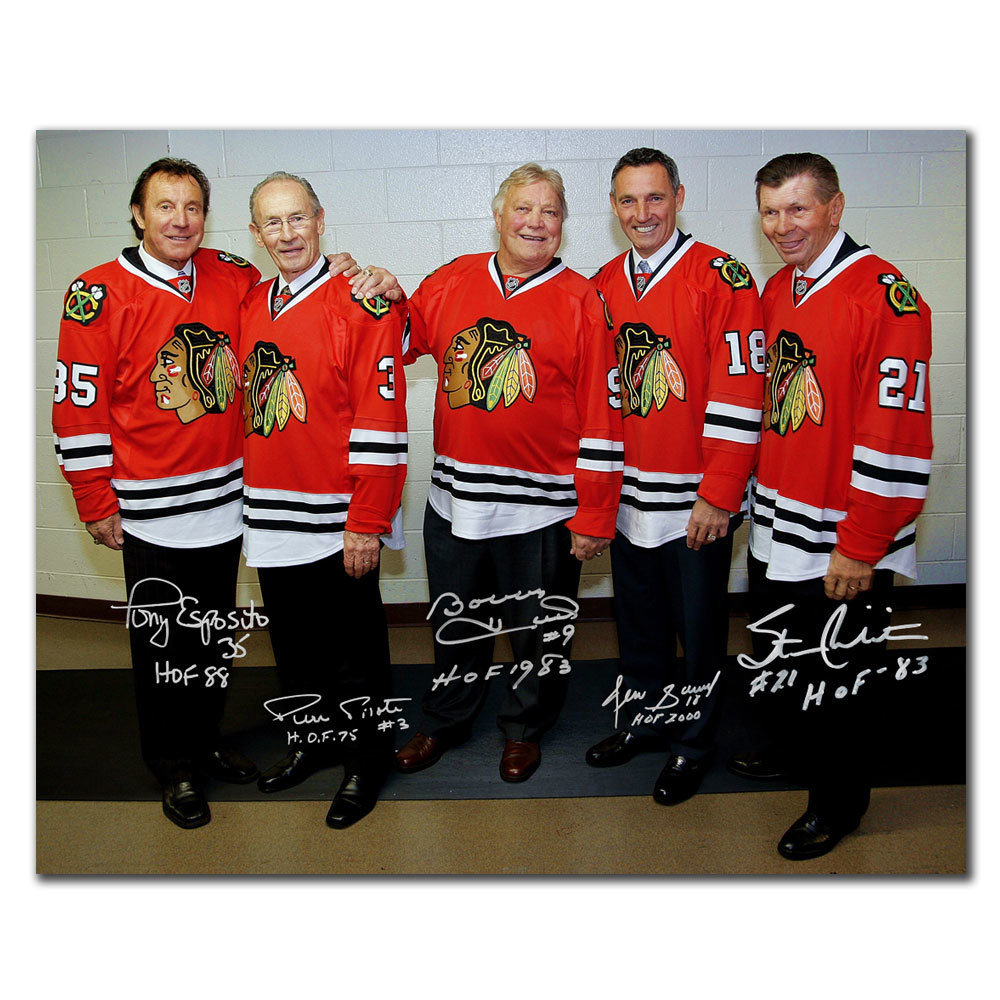 Tony Esposito, Pierre Pilote, Bobby Hull, Denis Savard & Stan Mikita Chicago Blackhawks HOF LEGENDS Autographed 16x20