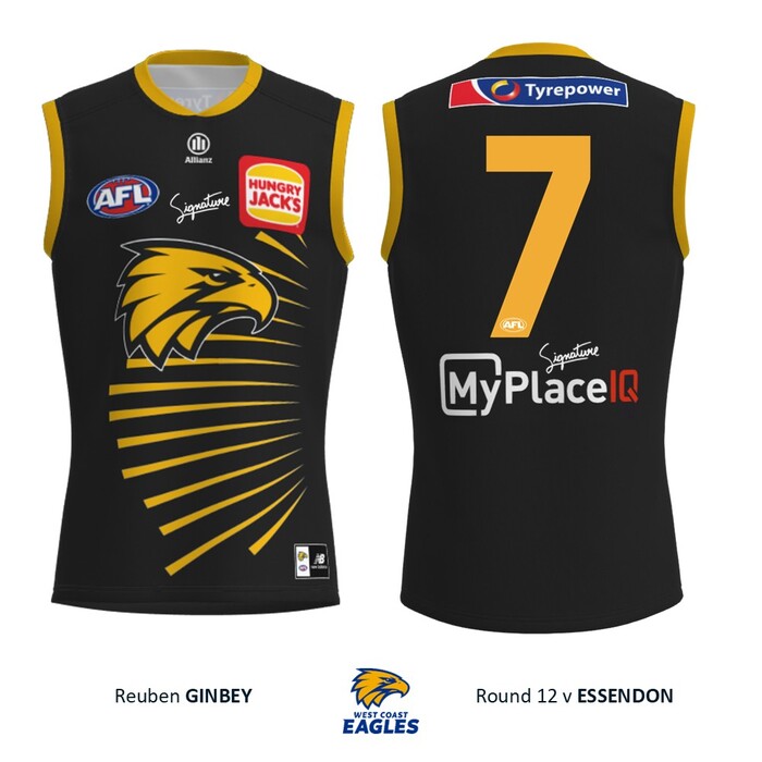 Photo of Reuben Ginbey #7 West Coast Eagles 2026 WA Day Match-Worn Guernsey & Shorts