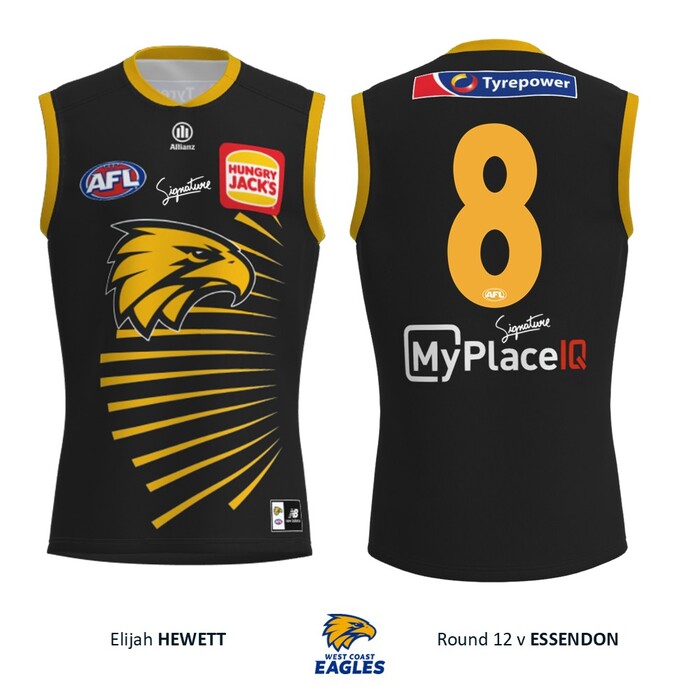 Photo of Elijah Hewett #8 West Coast Eagles 2026 WA Day Player-Issue Guernsey & Shorts