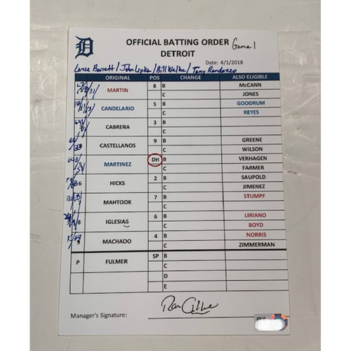 Official Batting Order Card April 1, 2018 Double Header Detroit