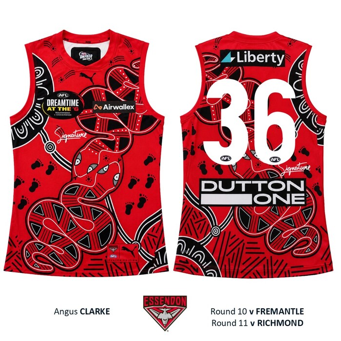 Photo of Angus Clarke #36 Essendon 2026 Dreamtime Guernsey 