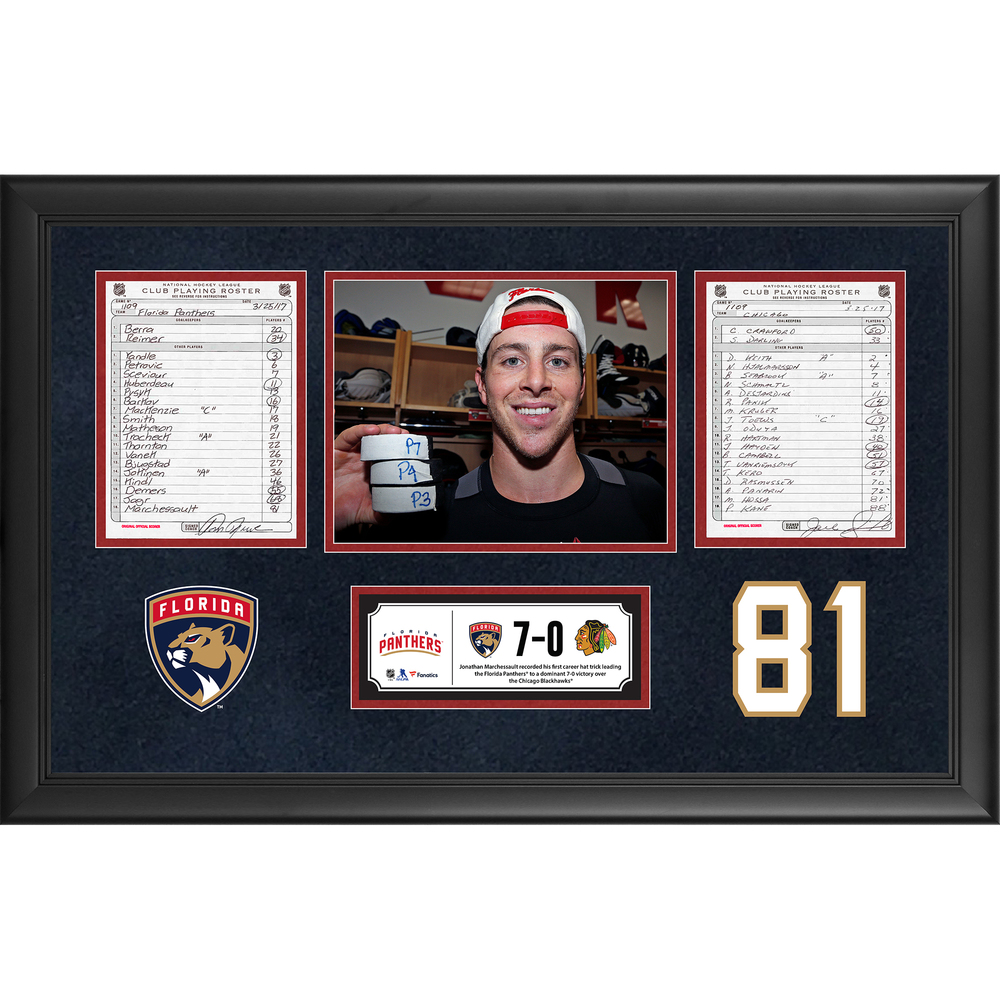 Florida Panthers Framed Original Line-Up Cards From March 25, 2017 vs. Chicago Blackhawks - Jonathan Marchessault's First Career Hat Trick