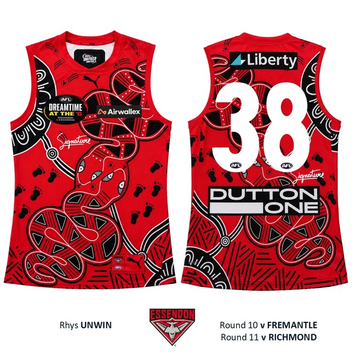 Photo of Rhys Unwin #38 Essendon 2026 Dreamtime Guernsey 