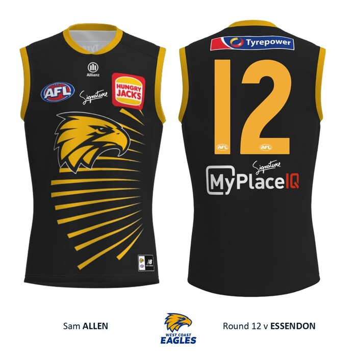 Photo of Sam Allen #12 West Coast Eagles 2026 WA Day Player-Issue Guernsey & Shorts