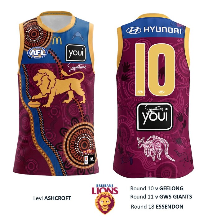 Photo of Levi Ashcroft #10 Brisbane Lions 2026 Indigenous Guernsey