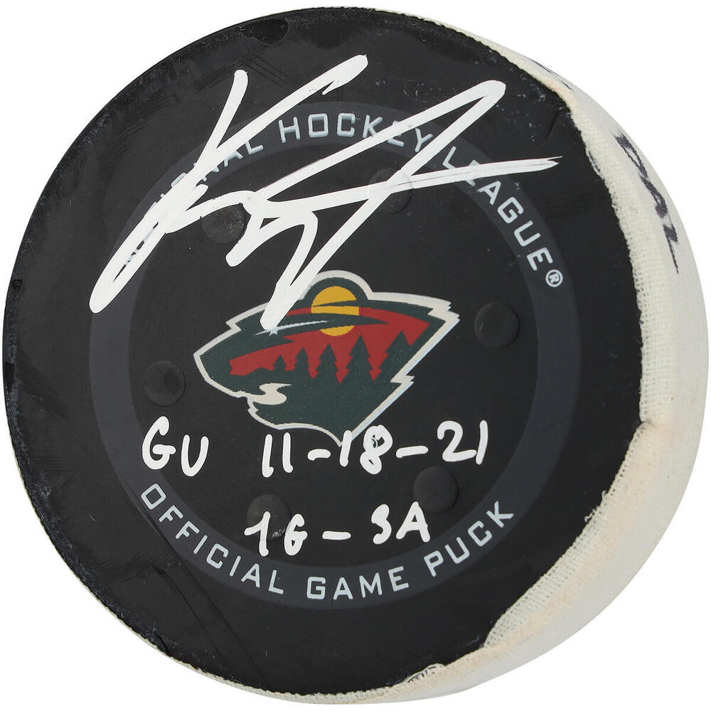Kirill Kaprizov Minnesota Wild Autographed Game-Used Puck vs. Dallas Stars on November 18, 2021 with Multiple Inscriptions