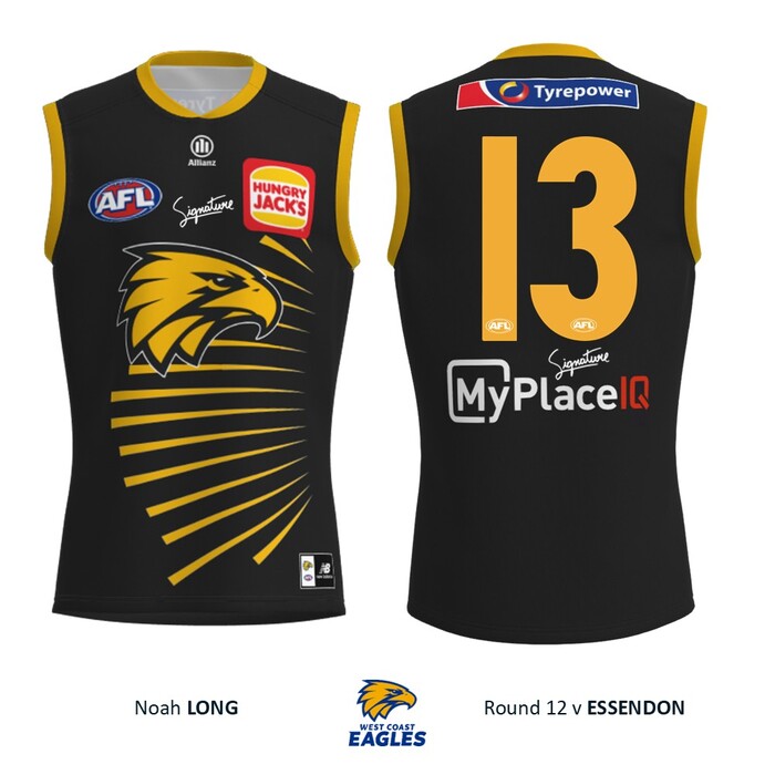 Photo of Noah Long #13 West Coast Eagles 2026 WA Day Player-Issue Guernsey & Shorts