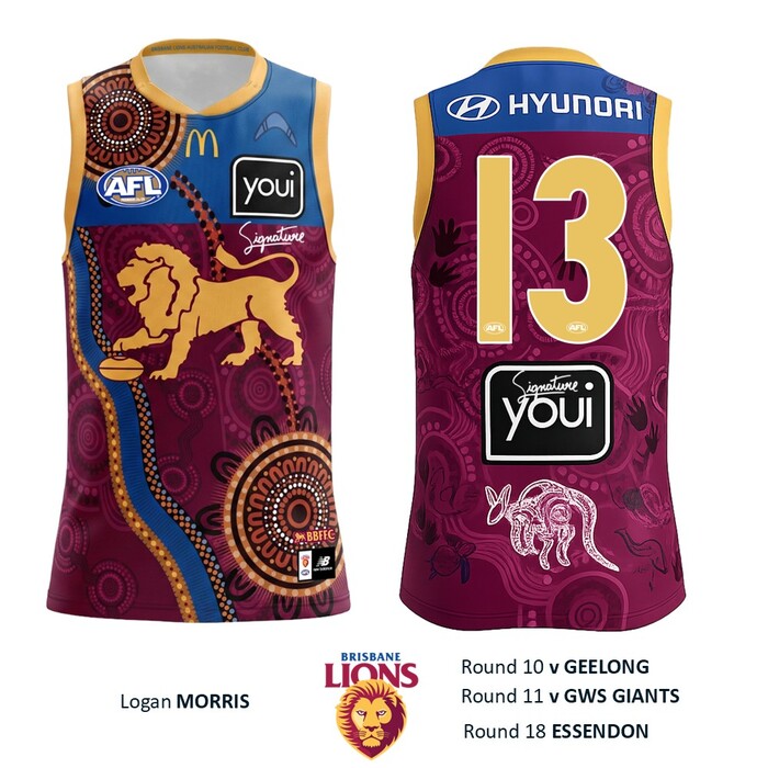 Photo of Logan Morris #13 Brisbane Lions 2026 Indigenous Match-Worn Guernsey