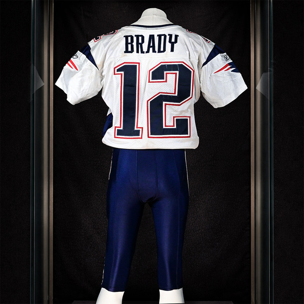 Back of Tom Brady White New England Patriots Game-Worn Jersey Photo-Matched to Super Bowl Season.