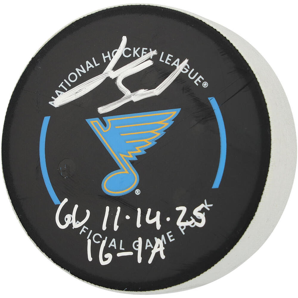 Jimmy Snuggerud St. Louis Blues Autographed Game-Used Puck vs. Philadelphia Flyers on November 14, 2025 with Multiple Inscriptions