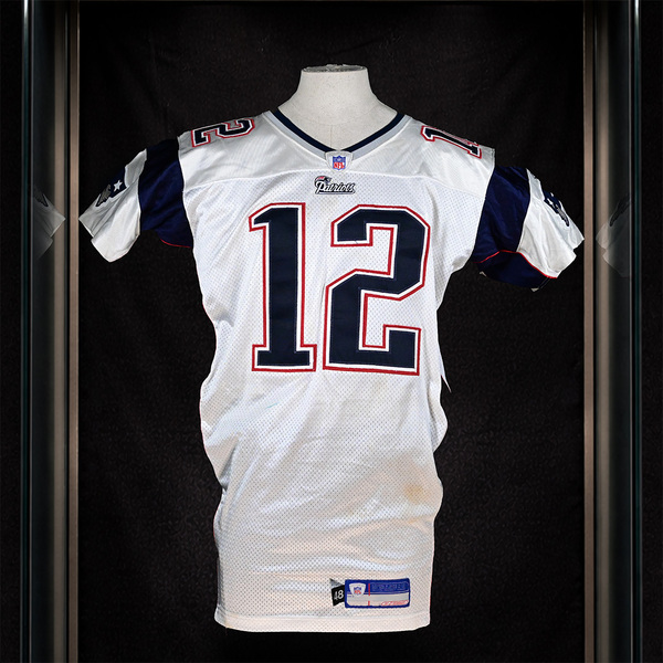 Front of Tom Brady White New England Patriots Game-Worn Jersey Photo-Matched to Super Bowl Season.