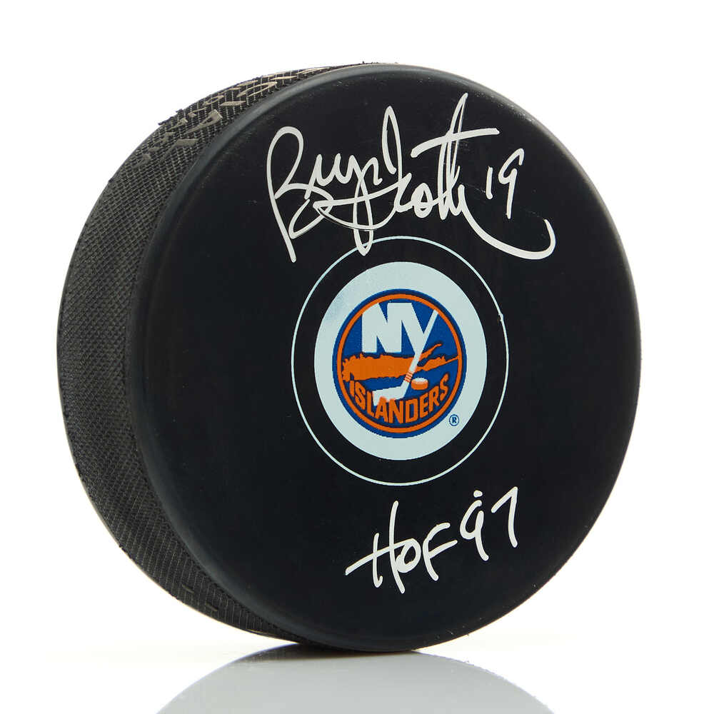 Bryan Trottier Autographed New York Islanders Hockey Puck with HOF Note