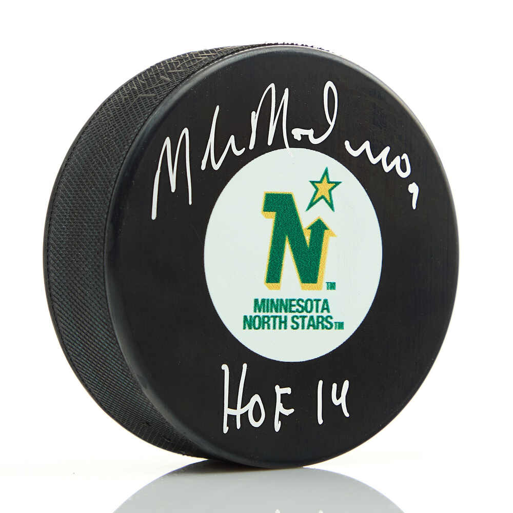 Mike Modano Autographed Minnesota North Stars Retro Logo Puck with HOF Note