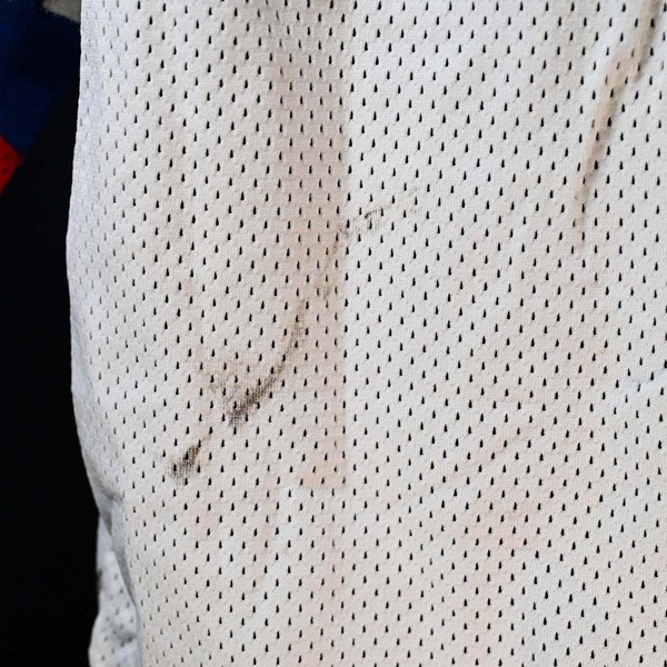 Close-Up of black mark on Ken Morrow White Team USA ‘Miracle on Ice’ Game-Worn Photo-Matched Jersey.