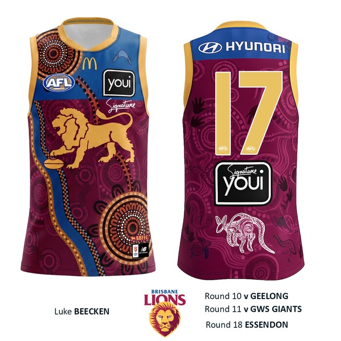 Photo of Luke Beecken #17 Brisbane Lions 2026 Indigenous Guernsey