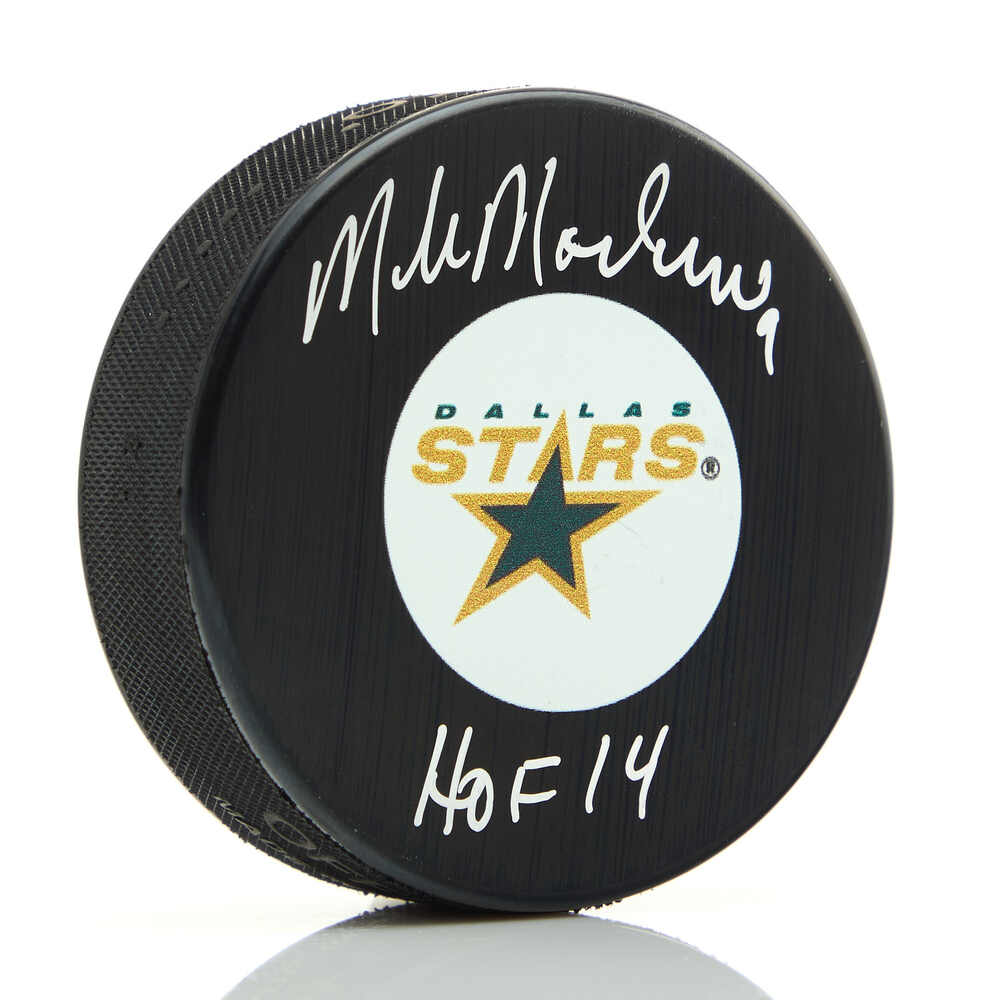 Mike Modano Autographed Dallas Stars Retro Logo Puck with HOF Note