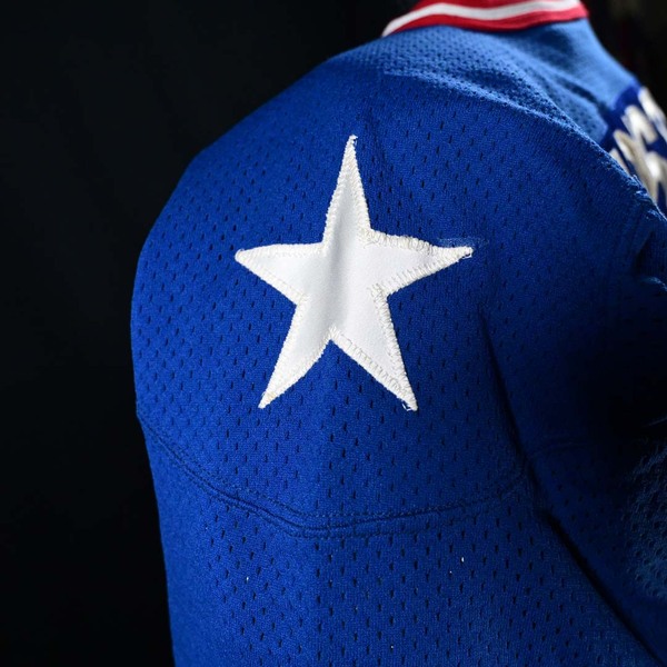 Close-Up of Star logo on Sleeve of Dave Christian Blue Team USA Gold Medal Game-Worn Photo-Matched Jersey.
