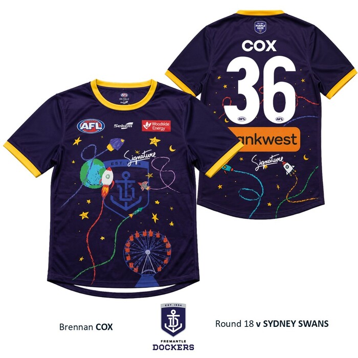 Photo of Brennan Cox #36 Fremantle 2026 Starlight Foundation Warm Up Tee