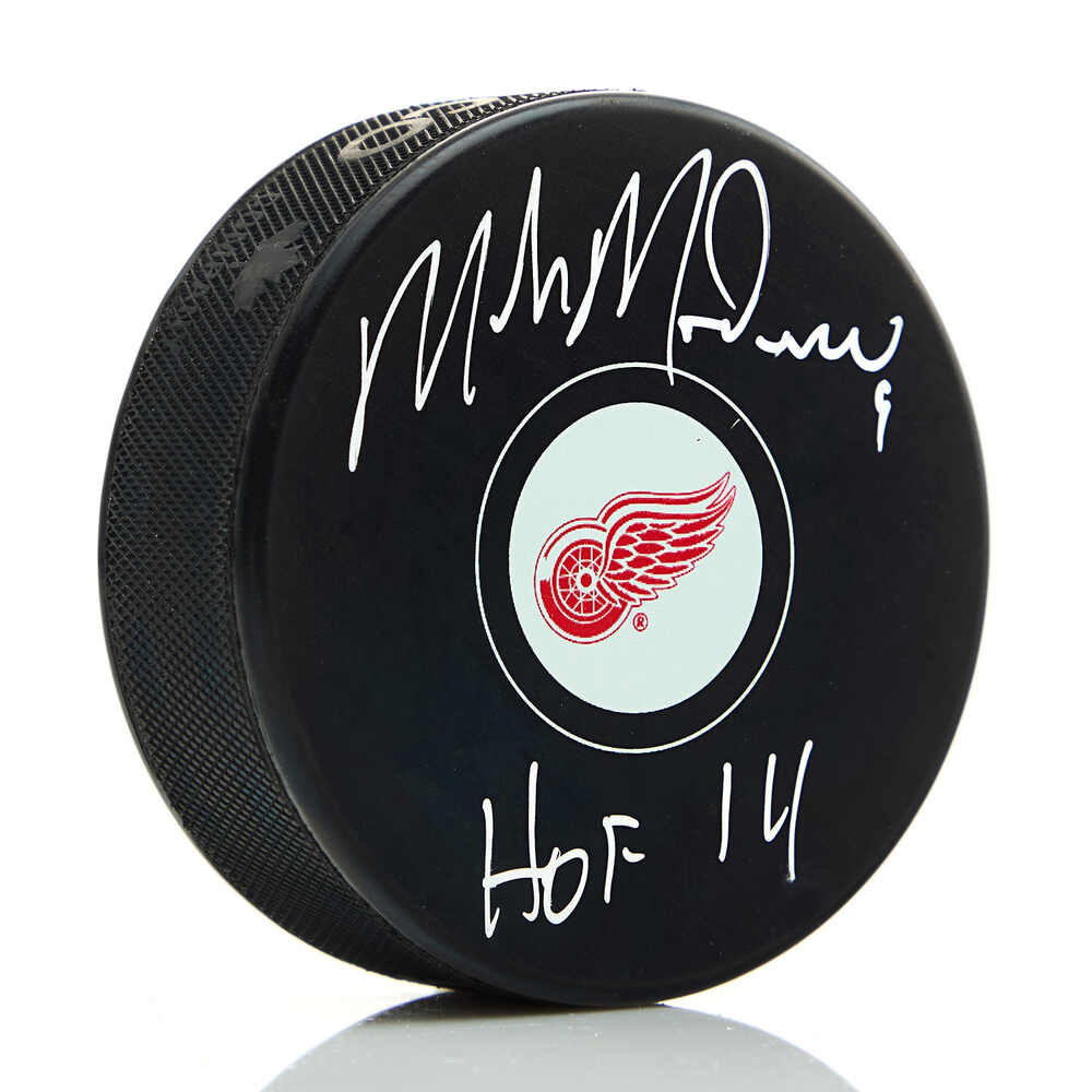 Mike Modano Autographed Detroit Red Wings Hockey Puck with HOF Note