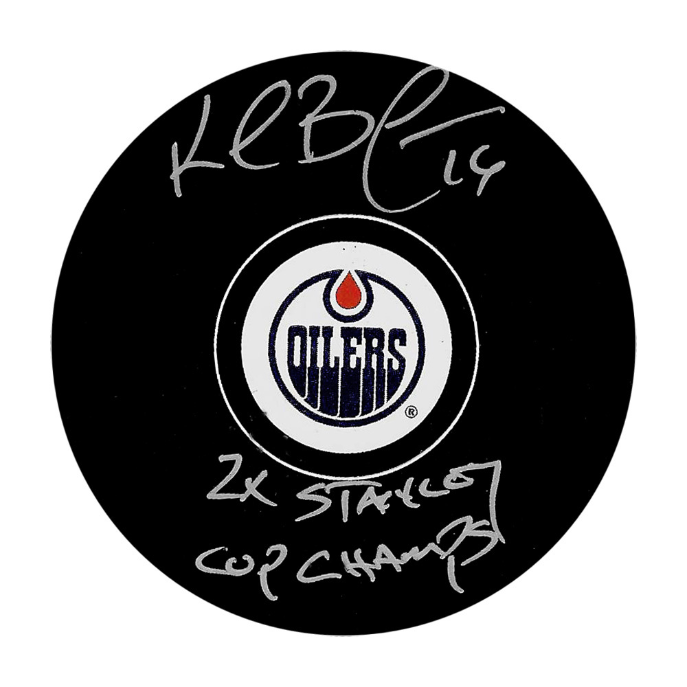 Kelly Buchberger Autographed Edmonton Oilers Puck w/2X STANLEY CUP CHAMPS Inscription