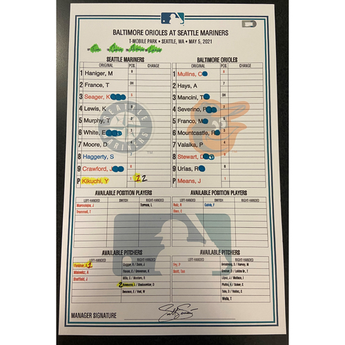 Game Used Line-Up Card from John Means No Hitter (BAL @SEA 5/5/21)