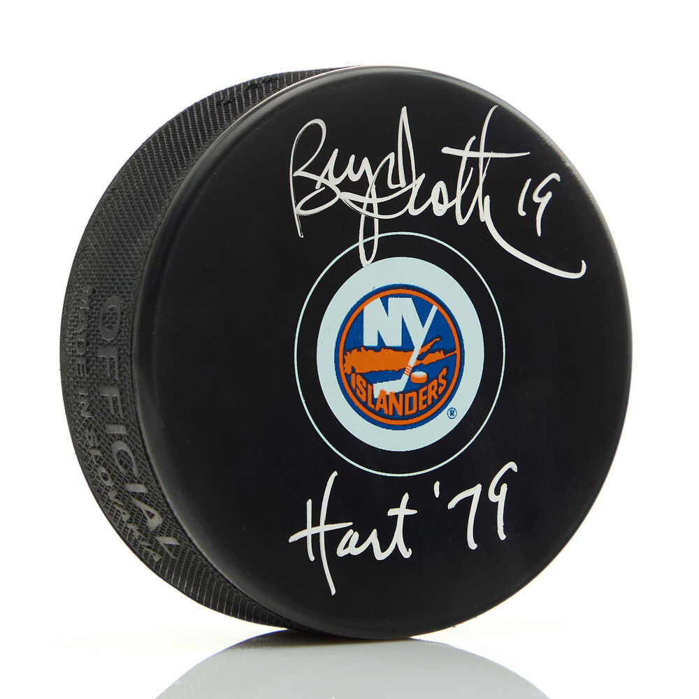 Bryan Trottier Autographed New York Islanders Hockey Puck with 79 Hart Note