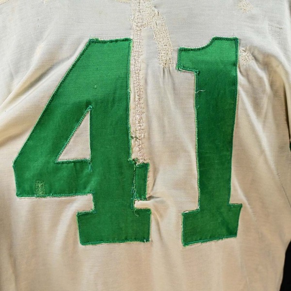 Close-Up of Repair on Front of Matt Snell White New York Jets Super Bowl III Game-Worn Photo-Matched Jersey.