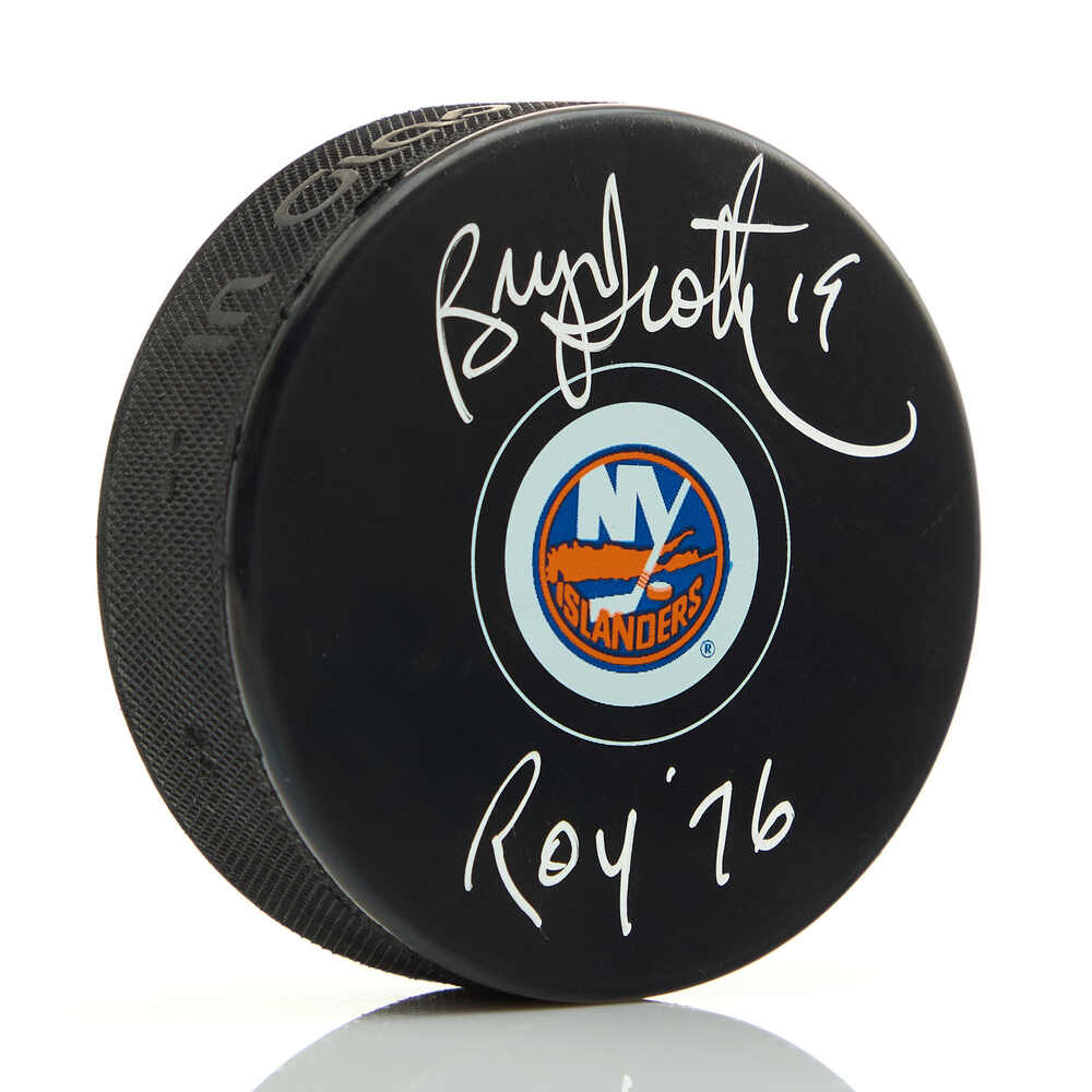 Bryan Trottier Autographed New York Islanders Hockey Puck with ROY 76 Note