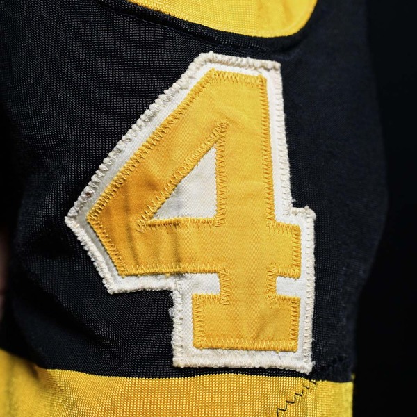 Close-Up of number on Sleeve of Bobby Orr Black Boston Bruins Game-Worn Photo-Matched Jersey.