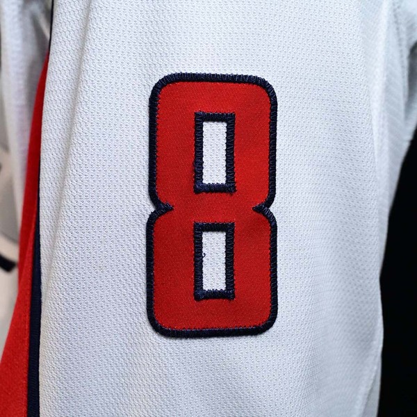 Close-Up of number 8 on Sleeve of Alex Ovechkin White Washington Capitals Game-Worn Photo-Matched Jersey.