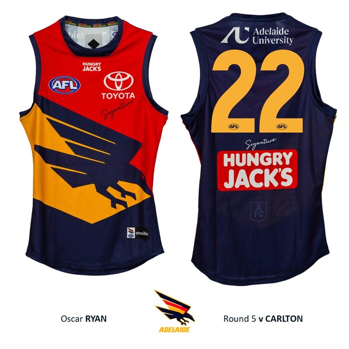 Photo of Oscar Ryan #22 Adelaide Crows 2026 Gather Round Player-Issue Guernsey